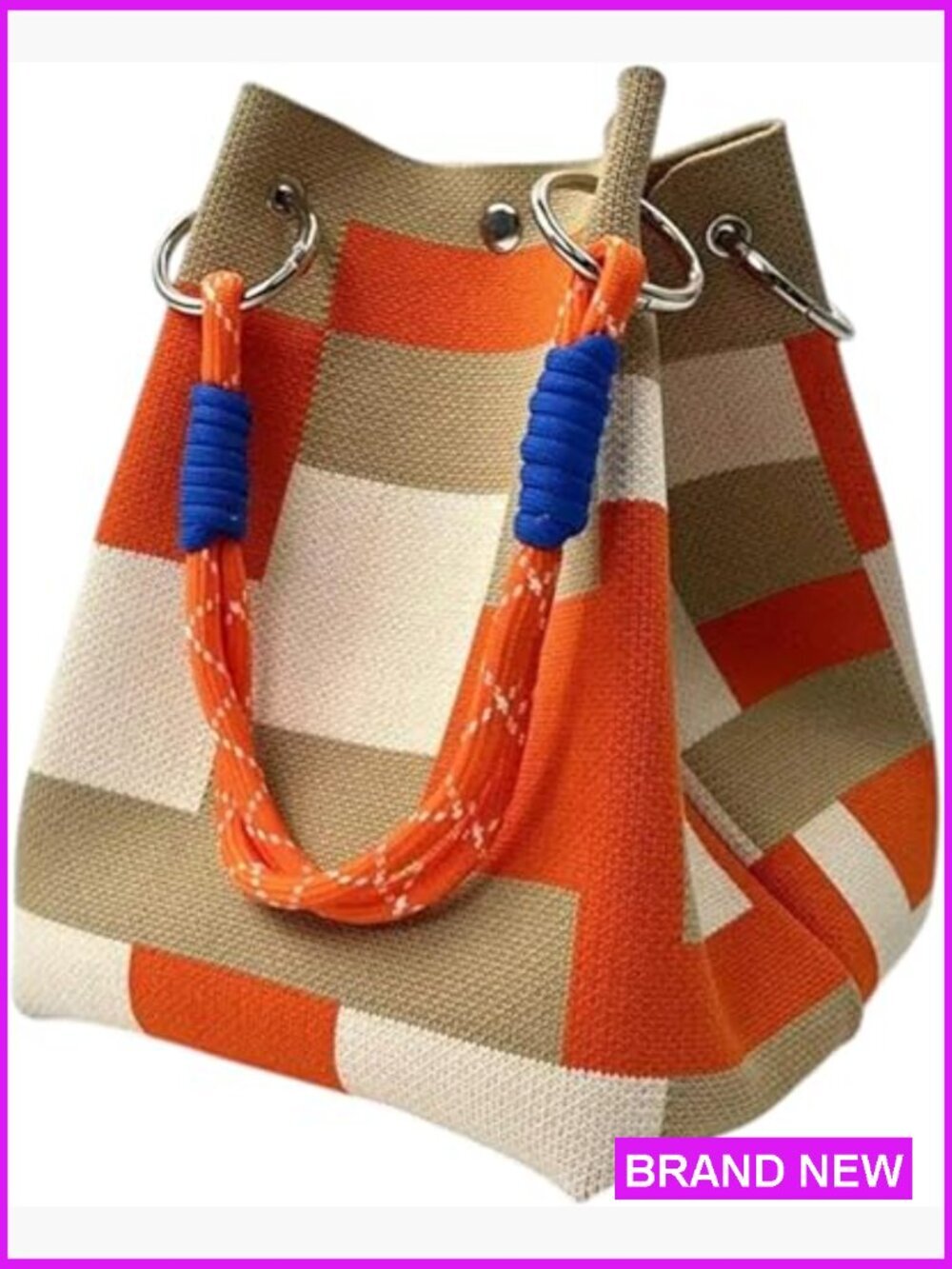 Canvas Color Block Bucket Bag Rope Handle Tote Travel Handbag